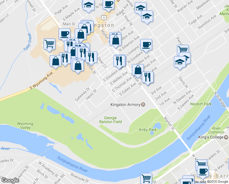 map of restaurants, bars, coffee shops, grocery stores, and more near 27 South Gates Avenue in Kingston