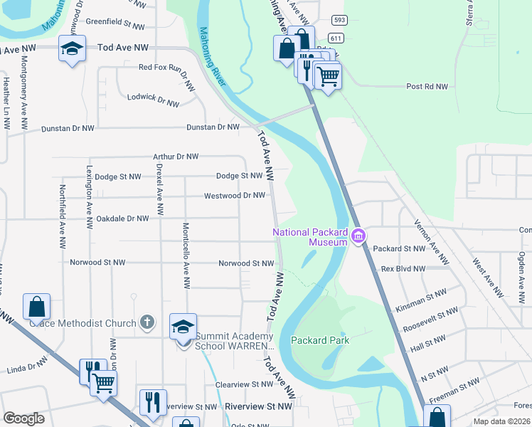 map of restaurants, bars, coffee shops, grocery stores, and more near 2285 Tod Avenue Northwest in Warren