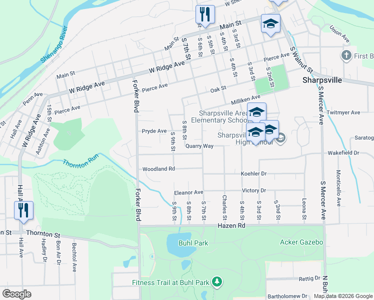 map of restaurants, bars, coffee shops, grocery stores, and more near 860 Mayfield Road in Sharpsville