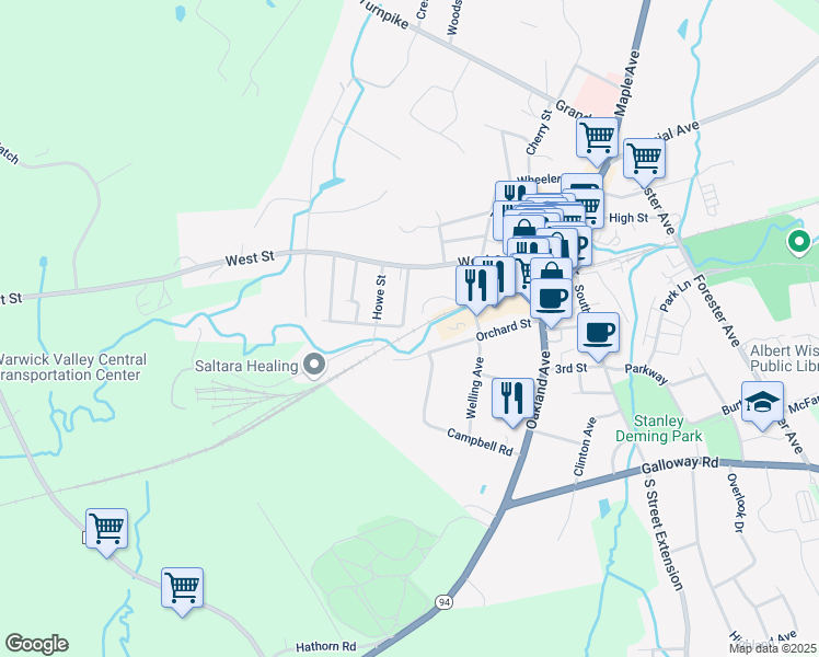 map of restaurants, bars, coffee shops, grocery stores, and more near 29 Van Buren Street in Warwick