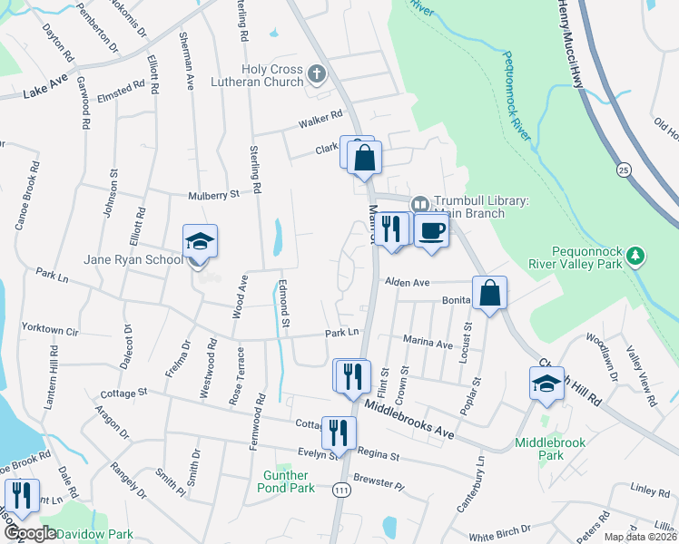 map of restaurants, bars, coffee shops, grocery stores, and more near 229 Mayfield Drive in Trumbull