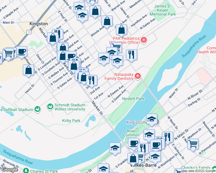 map of restaurants, bars, coffee shops, grocery stores, and more near 85 1st Avenue in Kingston