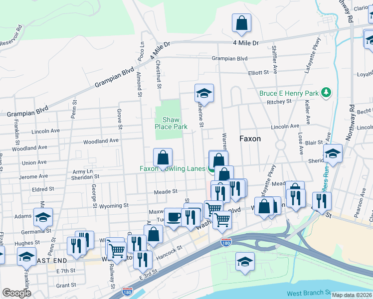 map of restaurants, bars, coffee shops, grocery stores, and more near 1344 Sherman Street in Williamsport
