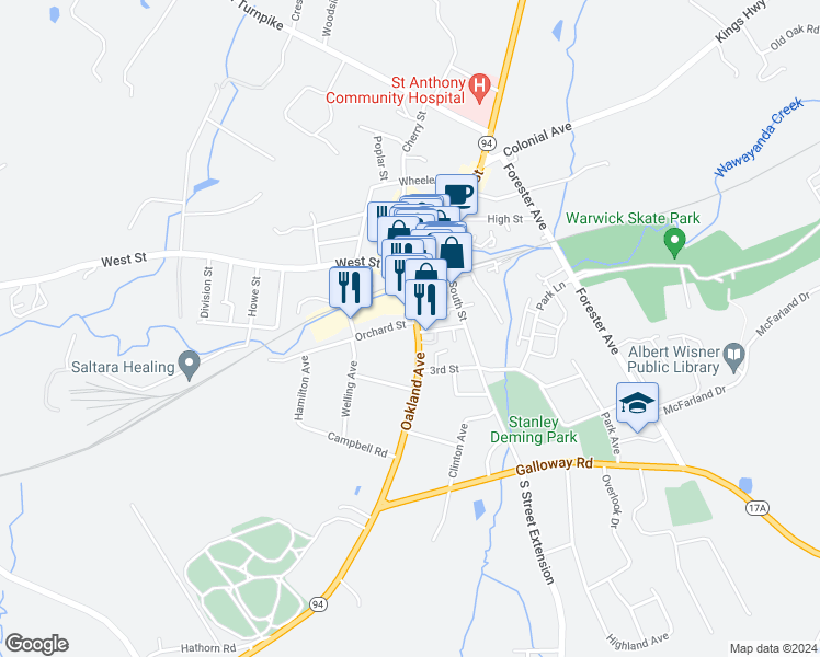 map of restaurants, bars, coffee shops, grocery stores, and more near 12 Oakland Avenue in Warwick