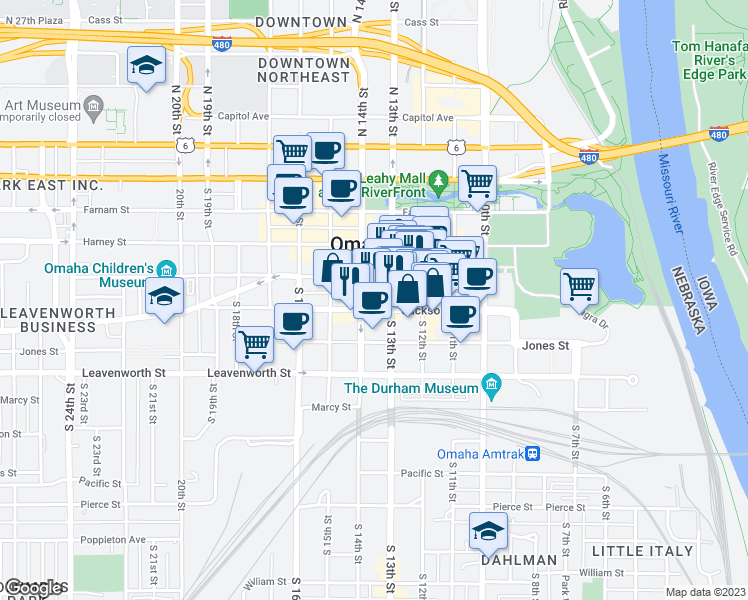 map of restaurants, bars, coffee shops, grocery stores, and more near 1308 Jackson Street in Omaha