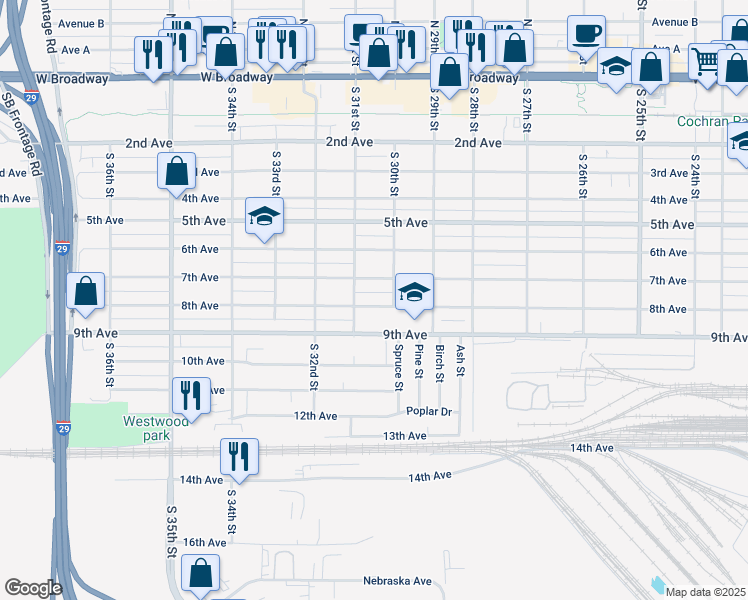 map of restaurants, bars, coffee shops, grocery stores, and more near 3020 8th Avenue in Council Bluffs