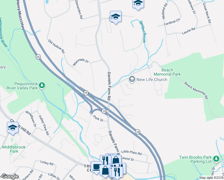 map of restaurants, bars, coffee shops, grocery stores, and more near 270 Daniels Farm Road in Trumbull