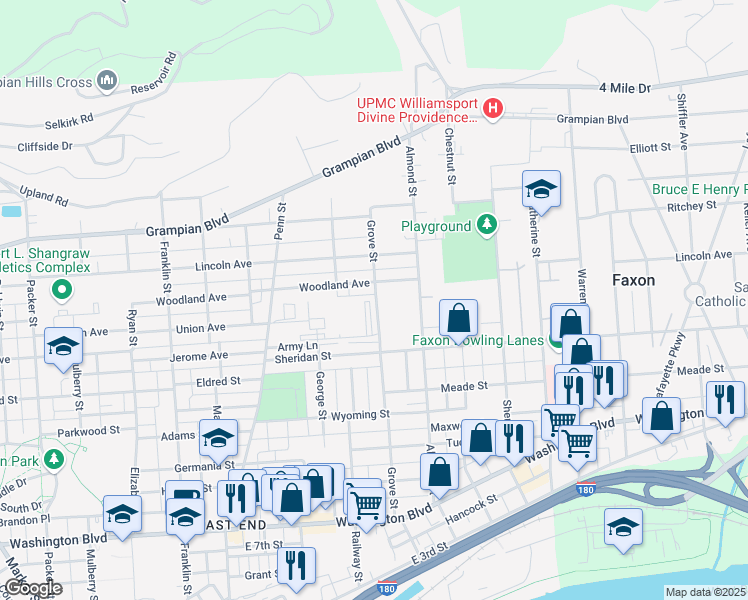 map of restaurants, bars, coffee shops, grocery stores, and more near 1307 Grove Street in Williamsport