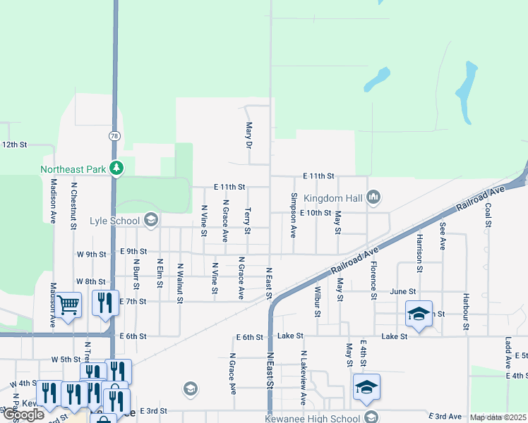 map of restaurants, bars, coffee shops, grocery stores, and more near 705 East 10th Street in Kewanee
