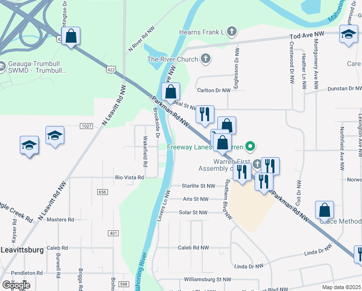 map of restaurants, bars, coffee shops, grocery stores, and more near 2042 Lovers Lane Northwest in Warren