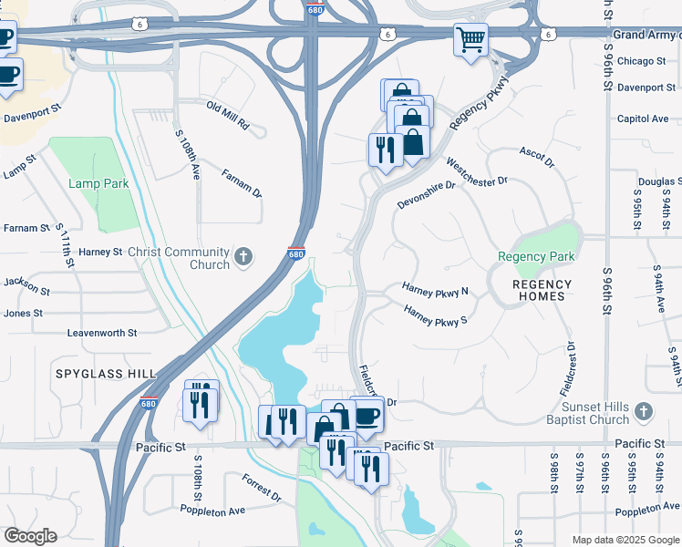 map of restaurants, bars, coffee shops, grocery stores, and more near 450 Regency Parkway in Omaha