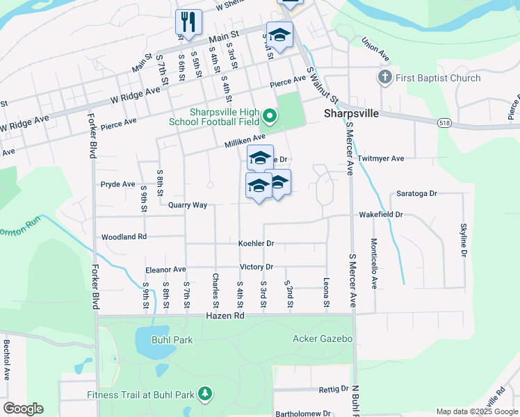 map of restaurants, bars, coffee shops, grocery stores, and more near 301 Blue Devil Way in Sharpsville