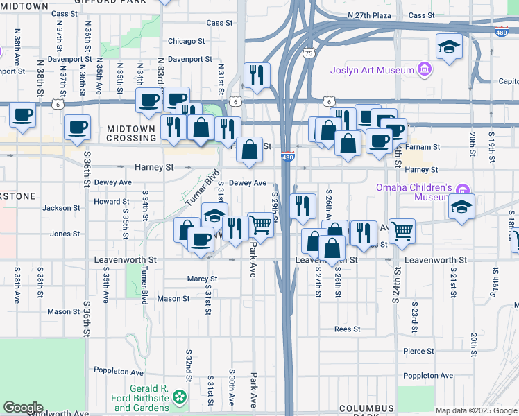 map of restaurants, bars, coffee shops, grocery stores, and more near 542 South 29th Street in Omaha