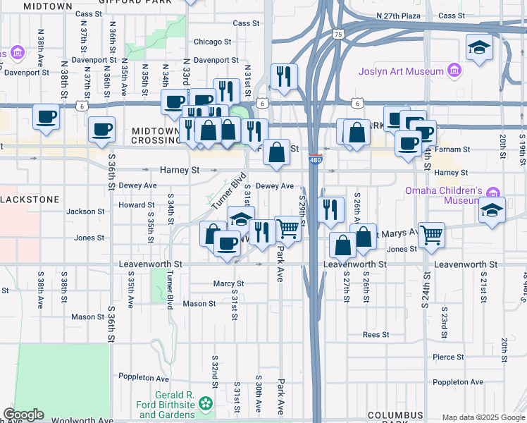 map of restaurants, bars, coffee shops, grocery stores, and more near 28 South 30th Street in Omaha