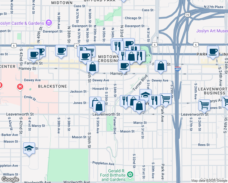 map of restaurants, bars, coffee shops, grocery stores, and more near 569 South 34th Street in Omaha