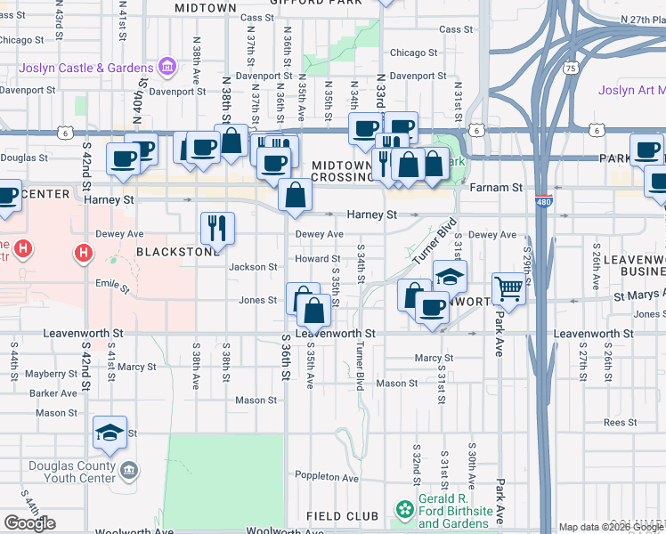map of restaurants, bars, coffee shops, grocery stores, and more near 564 South 35th Street in Omaha