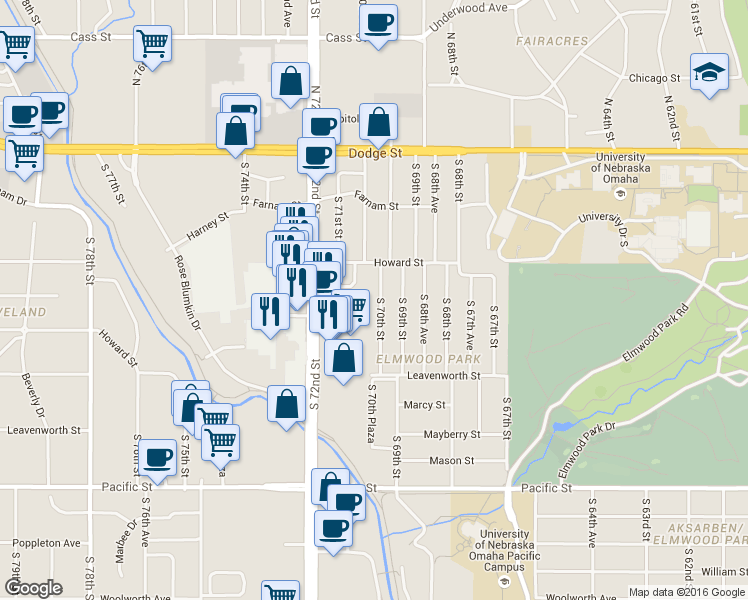 map of restaurants, bars, coffee shops, grocery stores, and more near 630 South 70th Street in Omaha