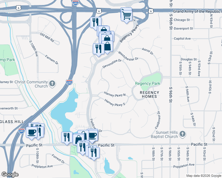 map of restaurants, bars, coffee shops, grocery stores, and more near 9936 Harney Parkway North in Omaha