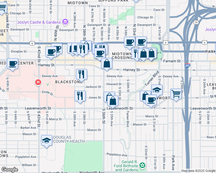 map of restaurants, bars, coffee shops, grocery stores, and more near 3560 Jackson Street in Omaha