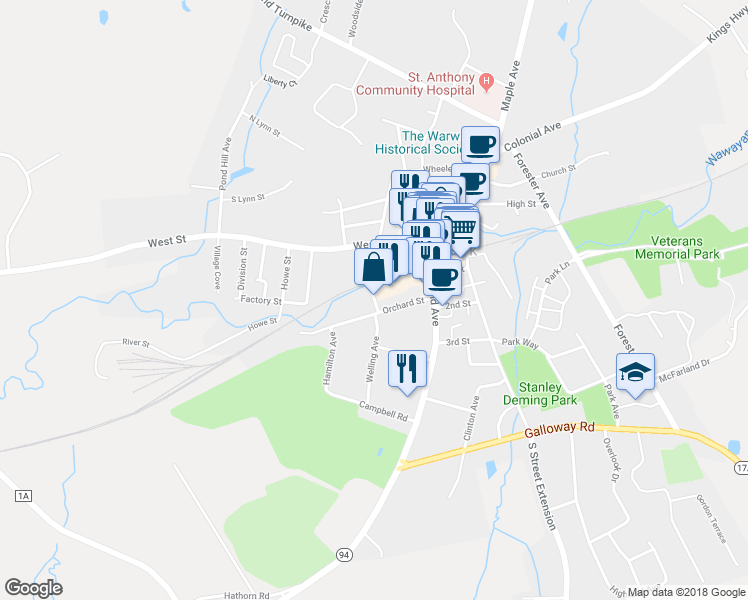 map of restaurants, bars, coffee shops, grocery stores, and more near 22 Elm Street in Warwick