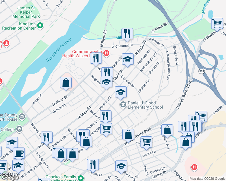 map of restaurants, bars, coffee shops, grocery stores, and more near 321-363 Madison Street in Wilkes-Barre