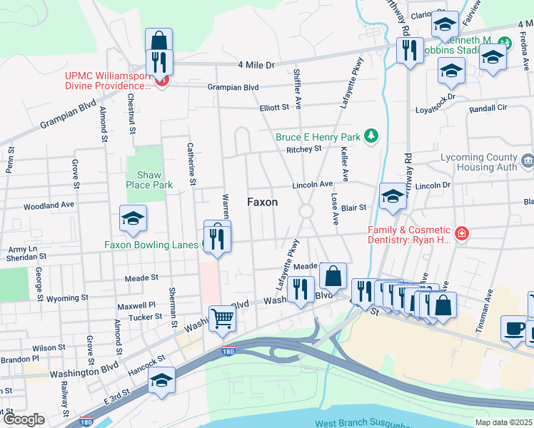 map of restaurants, bars, coffee shops, grocery stores, and more near 1301-1399 Mansel Avenue in Williamsport