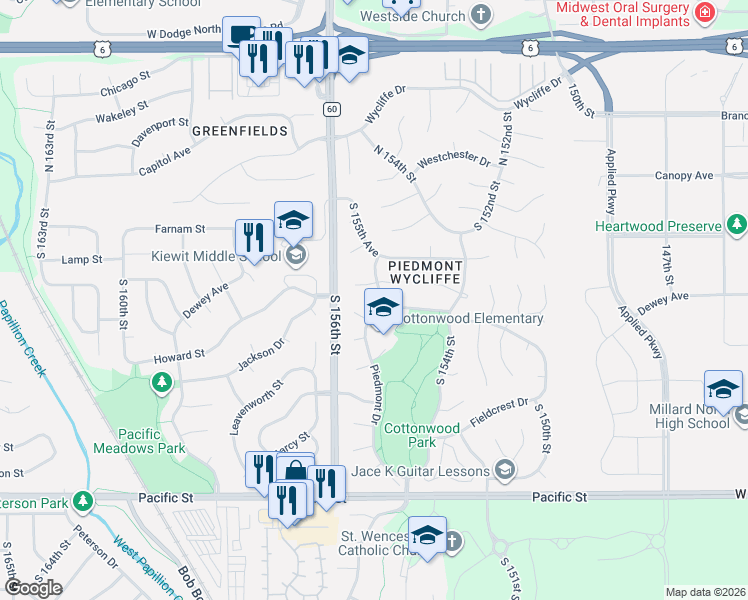 map of restaurants, bars, coffee shops, grocery stores, and more near 522 South 155th Street in Omaha