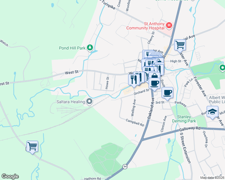 map of restaurants, bars, coffee shops, grocery stores, and more near 29 Van Buren Street in Warwick