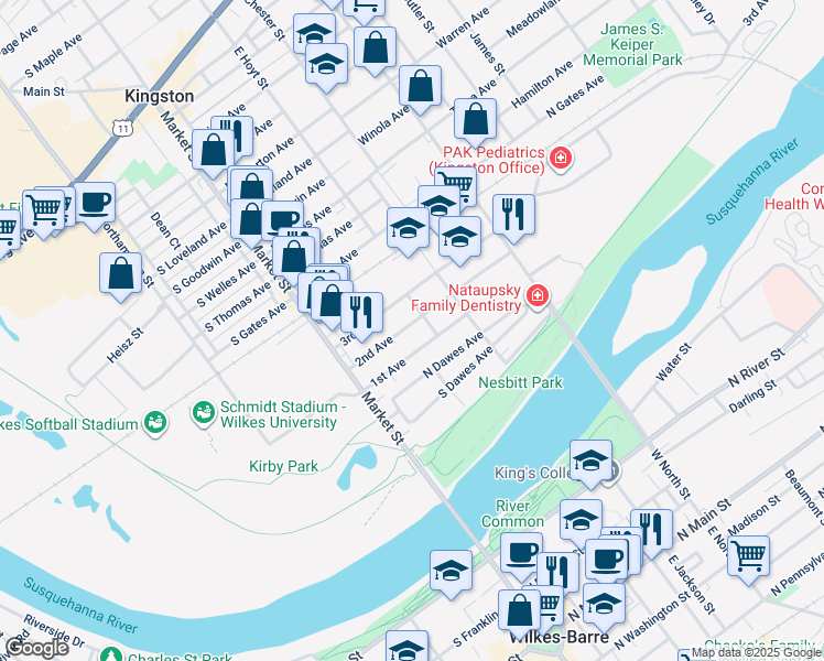 map of restaurants, bars, coffee shops, grocery stores, and more near 76 2nd Avenue in Kingston