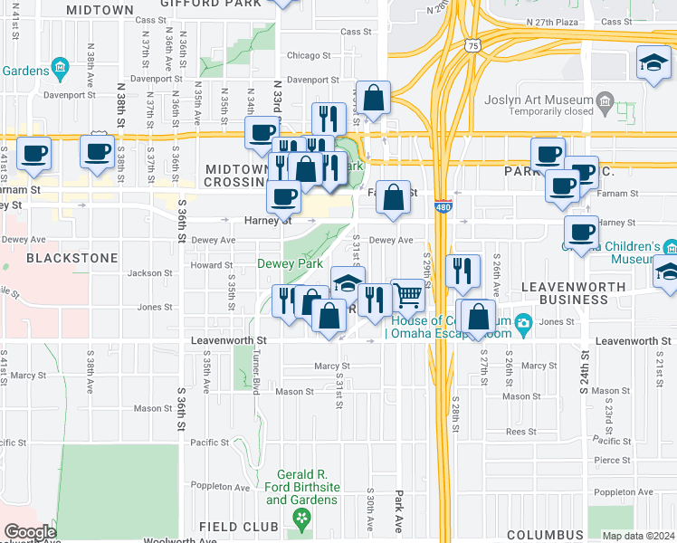 map of restaurants, bars, coffee shops, grocery stores, and more near 542 South 31st Street in Omaha