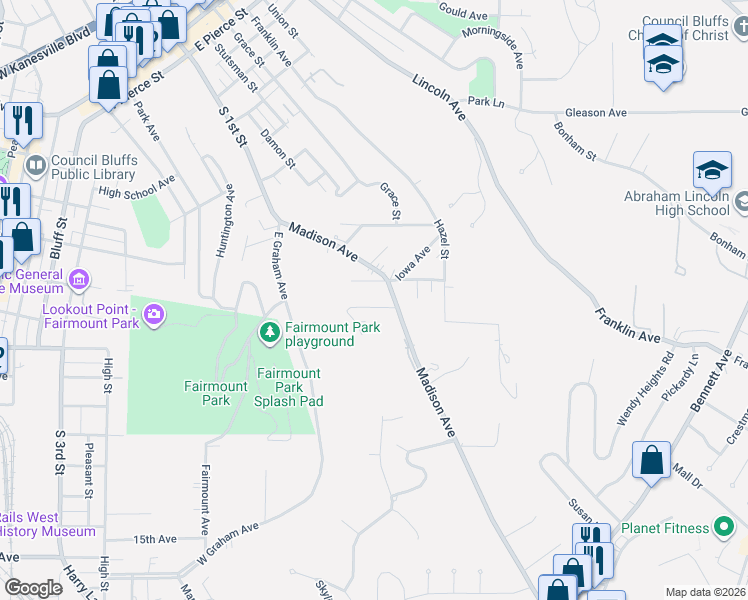 map of restaurants, bars, coffee shops, grocery stores, and more near 27 Linn Avenue in Council Bluffs