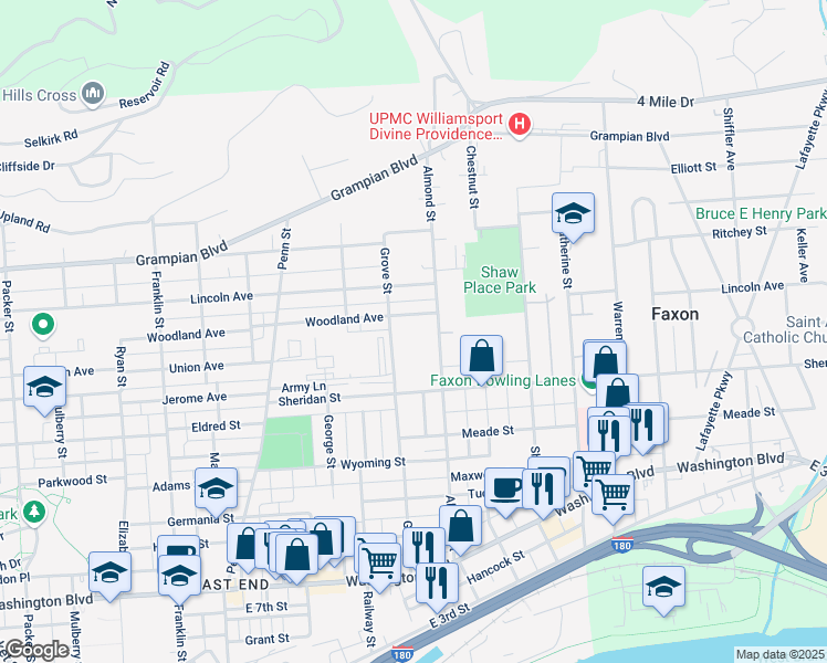 map of restaurants, bars, coffee shops, grocery stores, and more near 1290 Grove Street in Williamsport