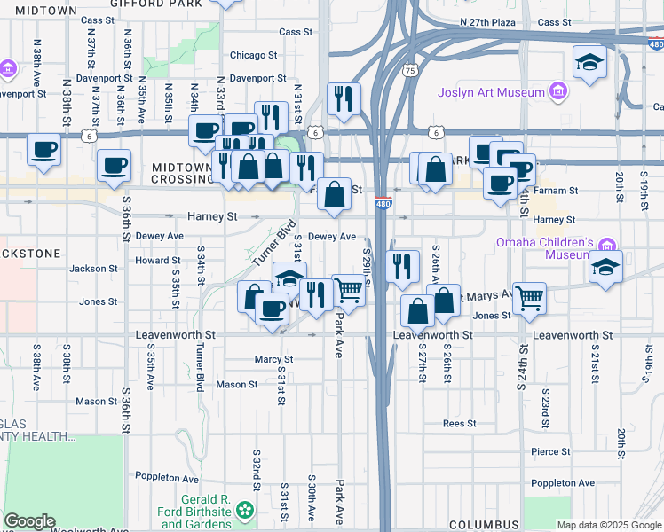 map of restaurants, bars, coffee shops, grocery stores, and more near 28 South 30th Street in Omaha