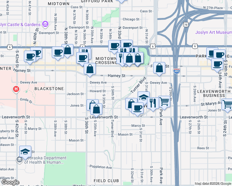 map of restaurants, bars, coffee shops, grocery stores, and more near 569 South 34th Street in Omaha