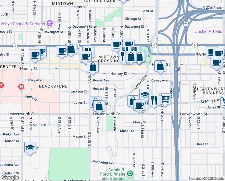 map of restaurants, bars, coffee shops, grocery stores, and more near 569 South 34th Street in Omaha