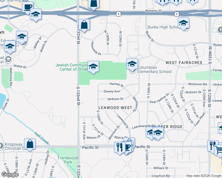 map of restaurants, bars, coffee shops, grocery stores, and more near 12935 Dewey Avenue in Omaha