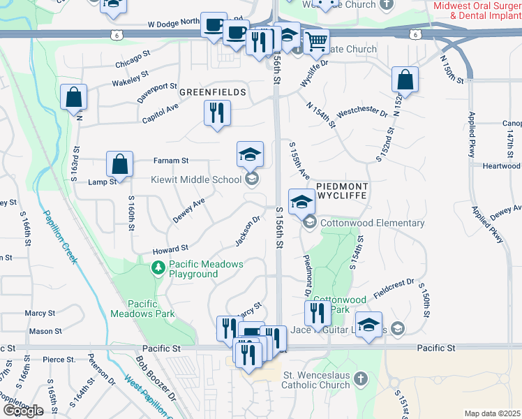 map of restaurants, bars, coffee shops, grocery stores, and more near 604 South 156th Avenue Circle in Omaha