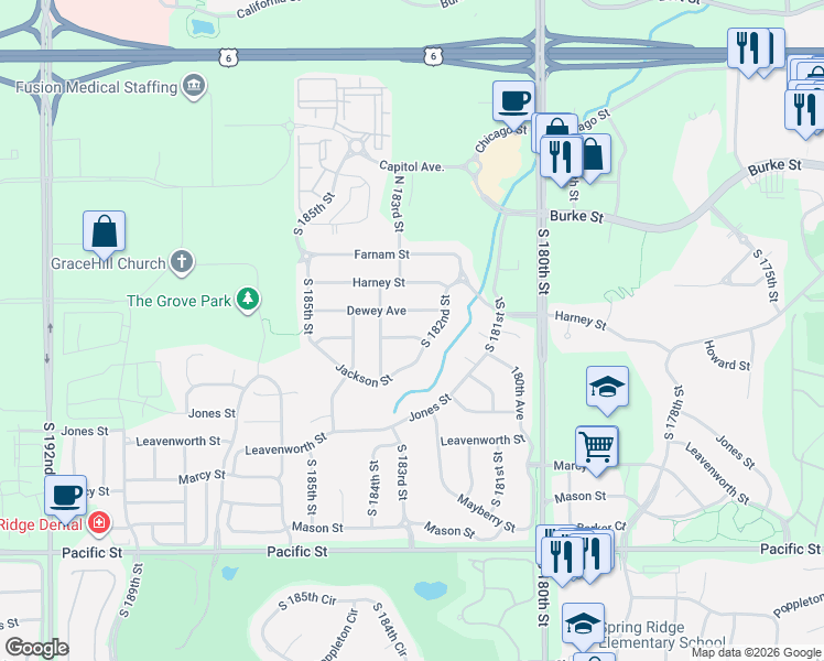 map of restaurants, bars, coffee shops, grocery stores, and more near 18207 Howard Street in Omaha