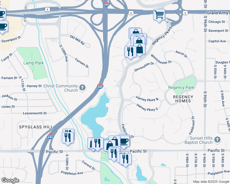 map of restaurants, bars, coffee shops, grocery stores, and more near 450 Regency Parkway in Omaha