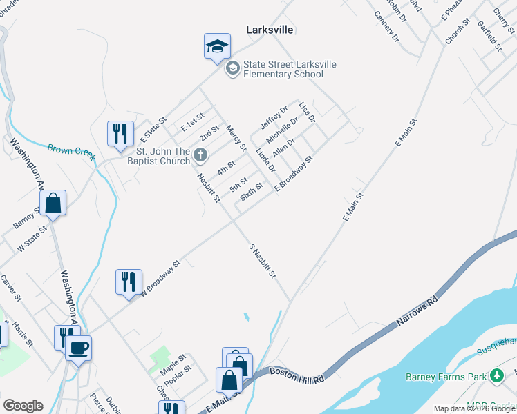 map of restaurants, bars, coffee shops, grocery stores, and more near 82 East Broadway Street in Larksville