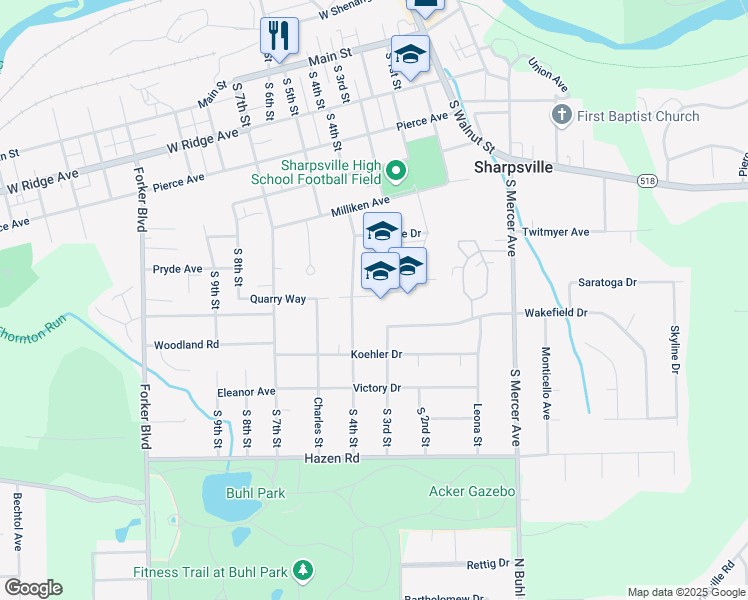map of restaurants, bars, coffee shops, grocery stores, and more near 303 Blue Devil Way in Sharpsville
