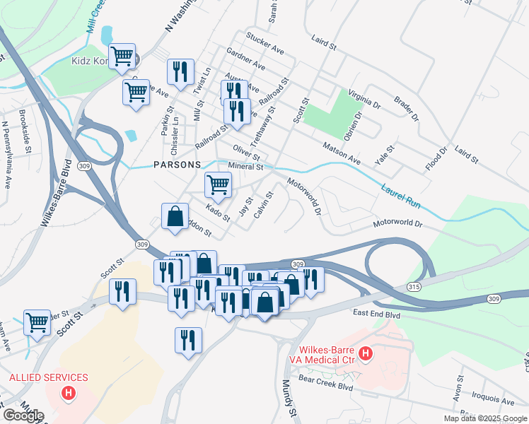 map of restaurants, bars, coffee shops, grocery stores, and more near 39-41 Calvin Street in Wilkes-Barre