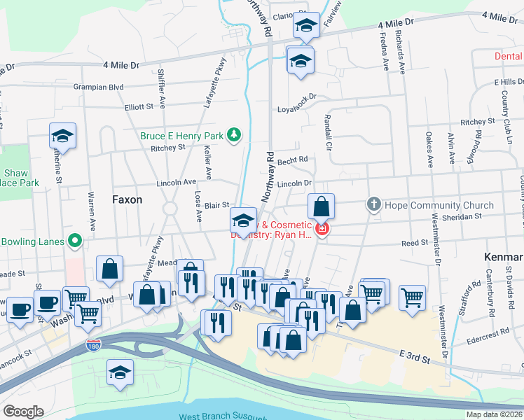 map of restaurants, bars, coffee shops, grocery stores, and more near 2632 Blair Saint Exd in Williamsport