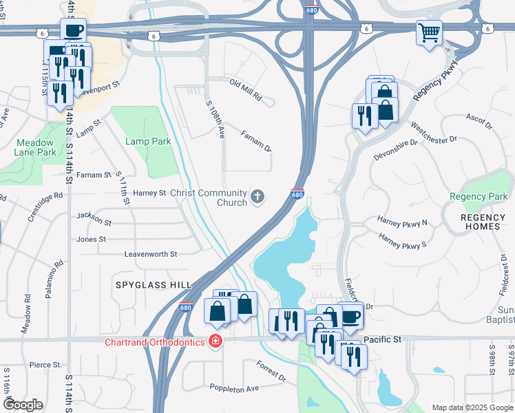 map of restaurants, bars, coffee shops, grocery stores, and more near 404 South 108th Avenue in Omaha