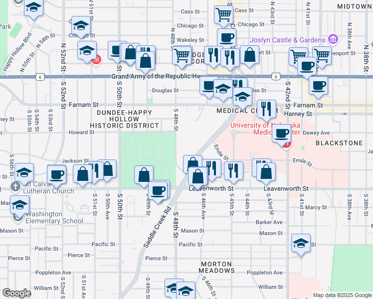 map of restaurants, bars, coffee shops, grocery stores, and more near 605 South 48th Street in Omaha