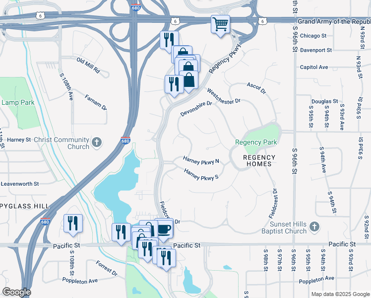 map of restaurants, bars, coffee shops, grocery stores, and more near 9948 Harney Parkway North in Omaha