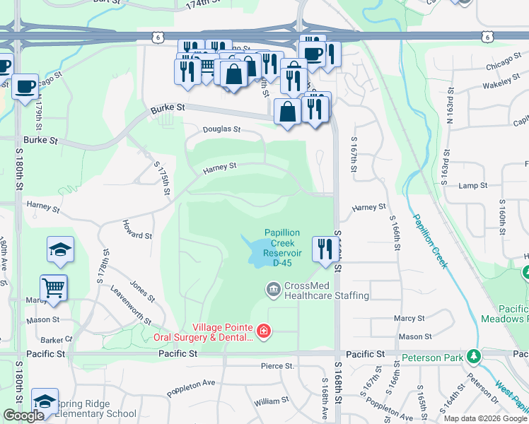 map of restaurants, bars, coffee shops, grocery stores, and more near 17025 Howard Plaza in Omaha