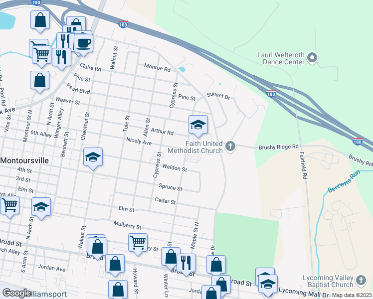 map of restaurants, bars, coffee shops, grocery stores, and more near 600 Willow Street in Montoursville