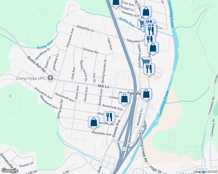 map of restaurants, bars, coffee shops, grocery stores, and more near 2 Fritz Lane in Williamsport