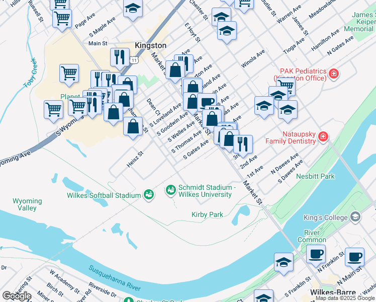 map of restaurants, bars, coffee shops, grocery stores, and more near 61 Gates Street in Wilkes-Barre
